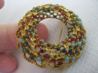 Vintage Gold Tone Wreath Brooch Pin Faux Turquoise Rhinestones Blue/red Circle