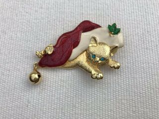 Vtg Christmas Hallmarked As Cat Kitten Pin Brooch With Bell Mouse Holly Santa H