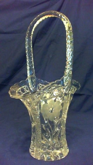 Large Vintage Hand Cut Crystal Basket,  Flowers Design 12 - 1/2 " Tall,