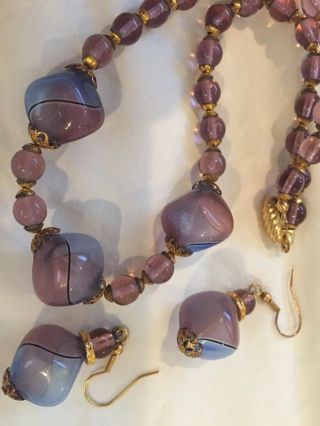 Vintage Venetian Murano Glass Purple/ Gold Bead Necklace & Earring Set