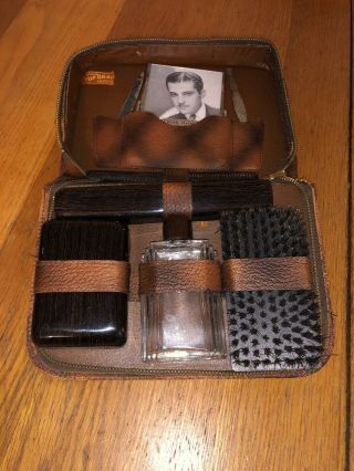 Vintage Brown Top Grain Leather Men ' s Vanity Case Travel Grooming KIT 3