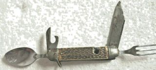 Vintage Colonial Prov.  Usa Hobo Pocket Knife W/fork & Spoon Stag Handle
