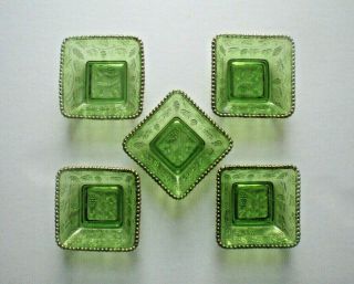 Vintage Green Pressed Glass Bowls Square With Gold Trim.  Set Of 5