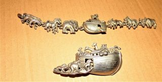 Vintage Noahs Ark & Animals Bracelet & Brooch Pin Pewter Signed A.  J.  C