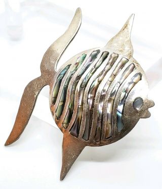 Vintage Signed Jr 925 Sterling Silver Mexico Abalone Shell Tropical Fish Brooch