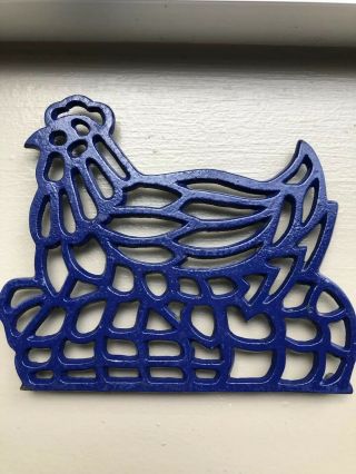 Vintage Chicken Royal Blue Cast Iron Kitchen Decor Trivet Hot Pad Footed