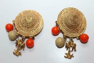 Vtg Metal Sun Hats W/dangling Beads & Palm Tree Clip - On Earrings 2 1/4 " (1454)