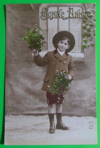 Young Boy Suit Buttons Large Hat - Antique Vtg Year French Real Photo Postcard