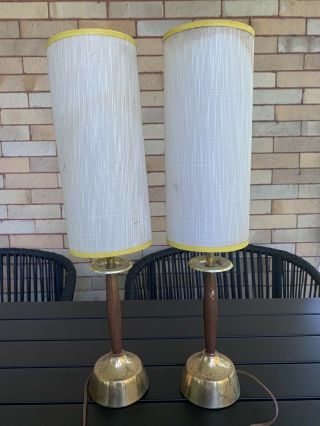 Vintage Pair (2) Mid Century Wood Brass Boudoir Lamps With Orig Shades -