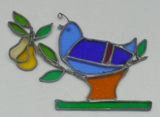 Vintage Stain Glass Lead Sun Catcher Colorful Robin On Tree Limb W/pears
