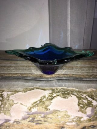 Vintage Murano Art Glass Bowl Swans On Rim Blue & Green