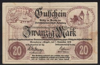 1918 20 Mark Germany Annaberg Vintage Emergency Wwi Money Banknote Notgeld Vf