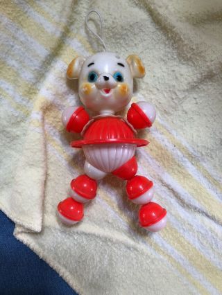 Vtg Hard Plastic Celluloid Baby Rattle Crib Toy Elastic Strung Puppy Doll Prop