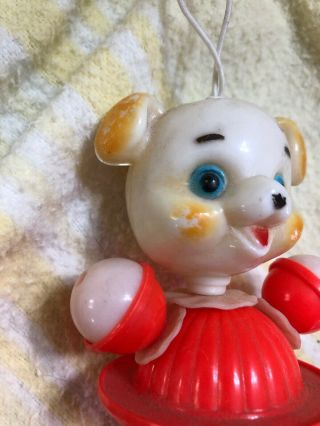 Vtg Hard Plastic Celluloid Baby RATTLE Crib Toy Elastic Strung Puppy Doll Prop 2