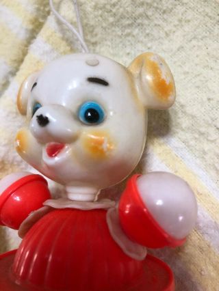 Vtg Hard Plastic Celluloid Baby RATTLE Crib Toy Elastic Strung Puppy Doll Prop 3