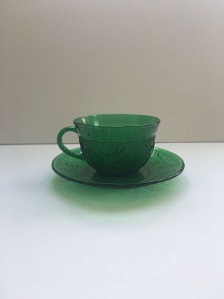 Vintage Anchor Hocking Teacup And Saucer Sandwich Glass Forest Green