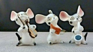 Set Of 3 Vintage Bone China Japan Mice Mouse Musicians Figurines - Glass Eyes