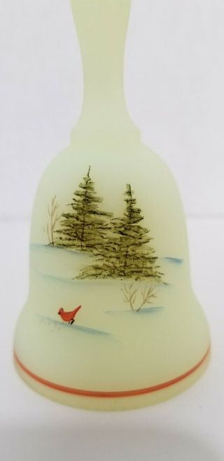 VTG Fenton Custard Bell Hand Painted Cardinal Snow Pine Tree Signed J.  Stevens 2