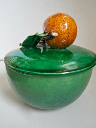 Vintage Bordallo Pinheiro Small Green Covered Bowl Fruit Lid Majolica Portugal