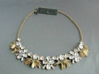 Vintage J Crew Chunky Gold Tone Rhinestone Flower Cluster Leaf Necklace