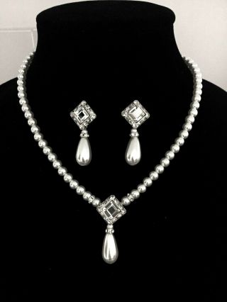 Vintage Clear Bohemian Crystals & White Pearl Necklace W Pierced Earrings Set