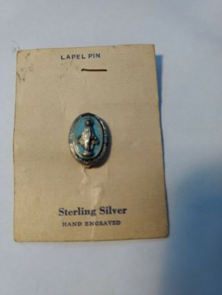 Vintage Virgin Mary Miraculous Medal Lapel Pin Sterling Silver And Enamel