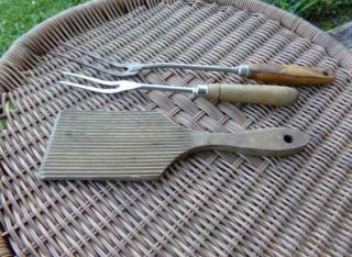3 Vintage Wood Handle Kitchen Utensils - (2) Forks & (1) Wooden Butter Paddle