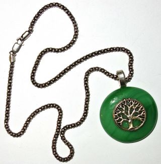 Large Vintage Tree Of Life Pendant On A 18 " Sterling Silver Chain Jade? Nr