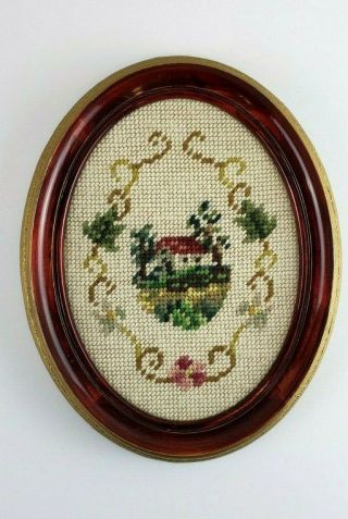 Cross Stitch Picture Handmade Framed Oval Vintage 1975 Embroidery Needlework