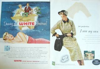 2 - 1950s White Rotary Sewing Machine Cabinet Dreams Vogue Pattern Vtg Print Ads
