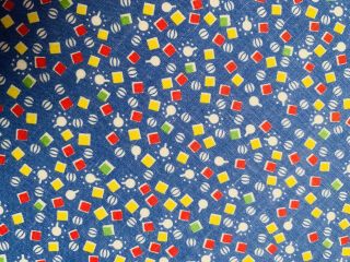 Vintage 1940 - 50s Cotton Calico Fabric Blue Red Green White Yellow Geometric Bty