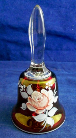Vintage Fenton Ruby Red Glass Bell - Handpainted Rose - Signed D Green 1977