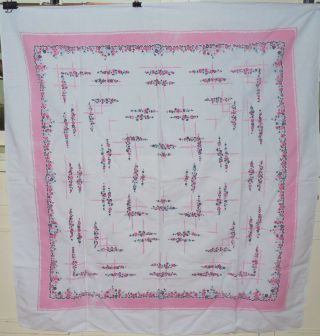 Vintage Mid - Century Tablecloth Pink Green Blue Petite Flowers 54 X 49 Card Table