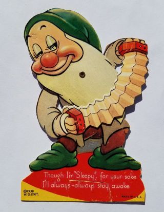 1938 Snow White And The Seven Dwarfs Sleepy Mechanical Valentines Day Card Vtg