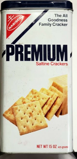 Vintage Nabisco Premium Saltine Crackers Tin Canister With Dark Blue Lid 1978