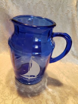 Vintage Cobalt Blue Glass Sailboat Pitcher