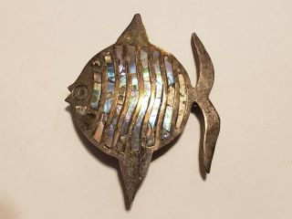 Vintage Sterling Silver And Mexican Fish Brooch With Abalone Inlay
