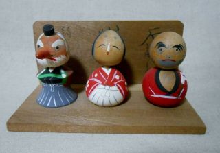 Japanese Vintage Wooden Kokeshi Nodder 3 Doll 6cm / Tengu & Ofuku & Daruma