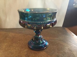 Kings Crown Thumbprint Blue Pressed Carnival Glass Compote Dish Vintage