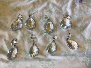 8 Vintage Tear Drop Crystal Clear Glass Prisms For Lamps Or Crafts 2 Sizes.