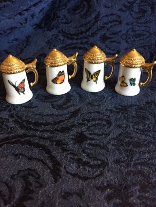 Vintage Set Of (4) Butterfly White Glass Miniature Steins