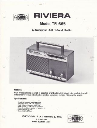 Vintage Ad Sheet 3270 - 1970s Riviera Electronics Model Tr - 665 Radio