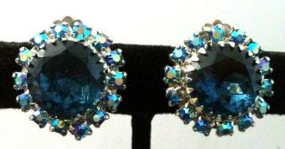 Stunning Vintage Estate High End Ab Blue Rhinestone 7/8 " Clip Earrings G785h