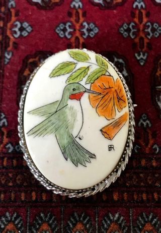 Vintage Colored Hummingbird Scrimshaw Sterling Silver Pin Or Pendant 1.  25 Inch