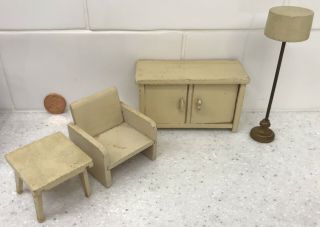 Vintage Wood Dollhouse Furniture Midcentury Table Chair Floor Lamp Chest Cabinet