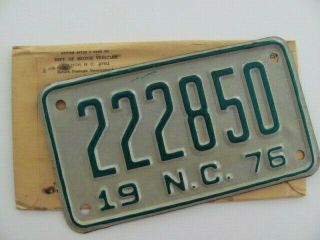 1976 North Carolina Nc Motorcycle License Plate Tag,  Vintage,  222850,  Un - Issued