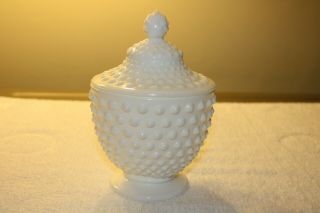 Vintage Fenton White Milk Glass Hobnail Footed Candy Dish Jar With Lid