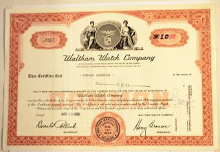 Waltham Watch Company 1968 Vintage Collectible Delaware Stock Certificate