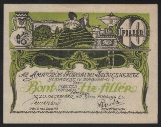 1920 Hungary 10 Filler Vintage Emergency Paper Money Banknote Currency Note Unc