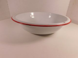 Vintage White With Red Trim Enamelware Dishpan,  12 1/2 Inches In Diameter